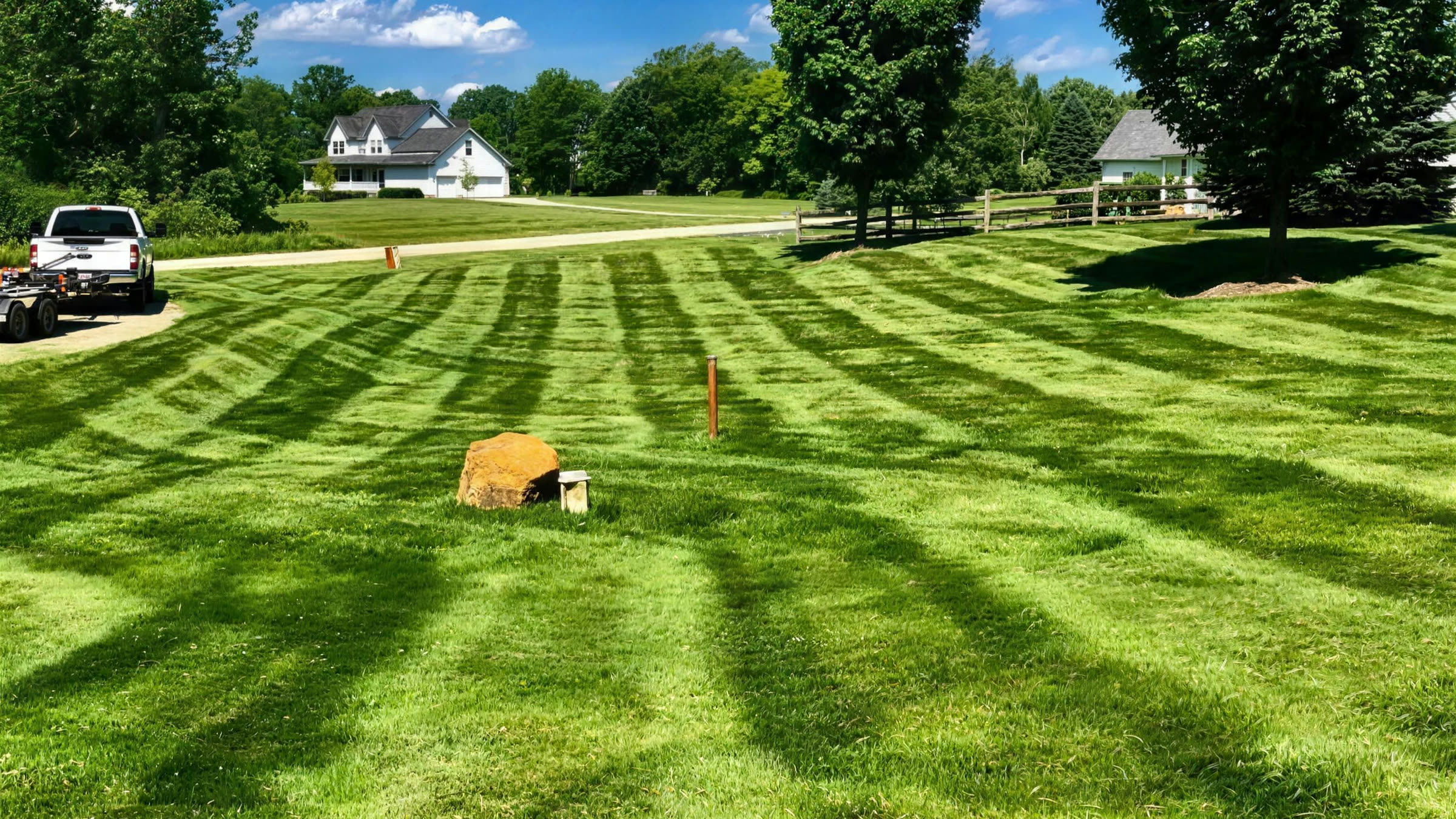 Freshly striped lawn with mowing equipment on site